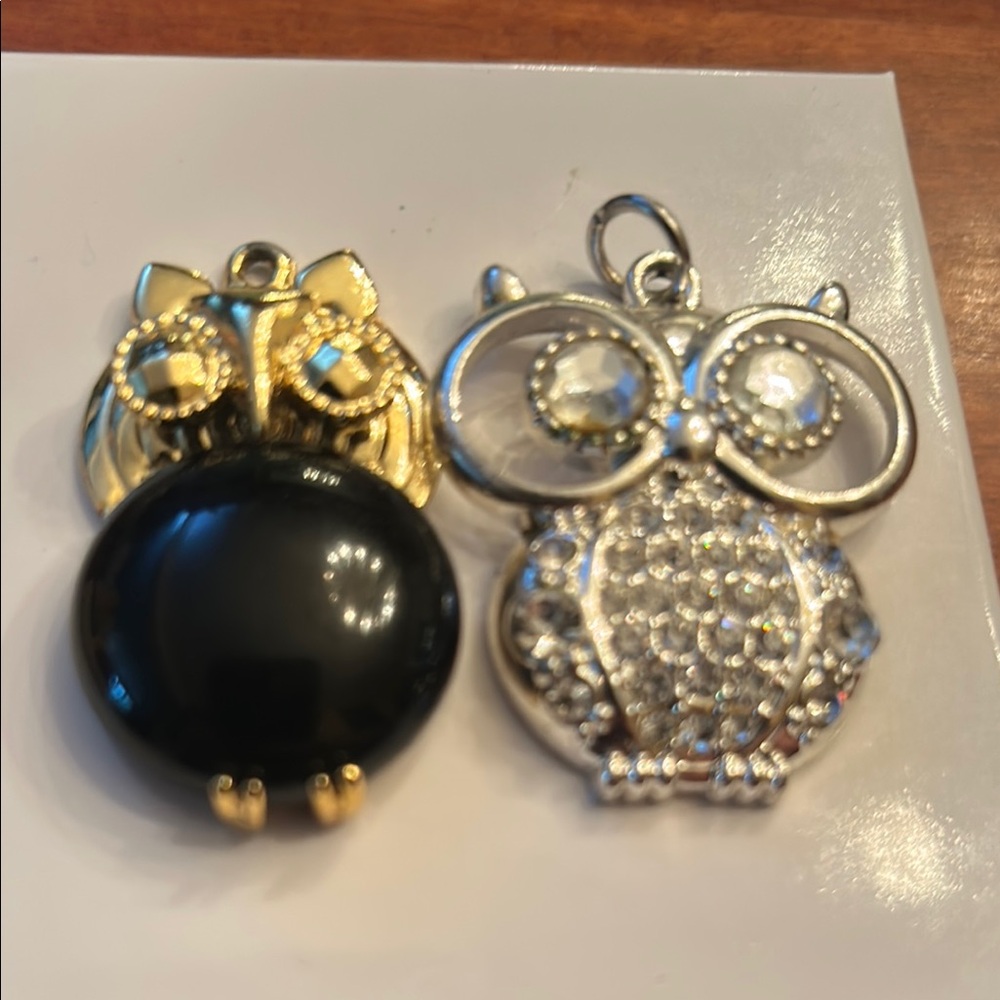 Owl motif  pendants rhinestones silvertone black gold tone whimsical statement